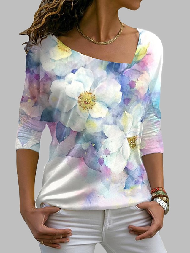  Femme T shirt Tee Graphic Floral Blanche Rose Claire Bleu Imprimer manche longue du quotidien Fin de semaine basique Elégant Col V Standard Automne hiver