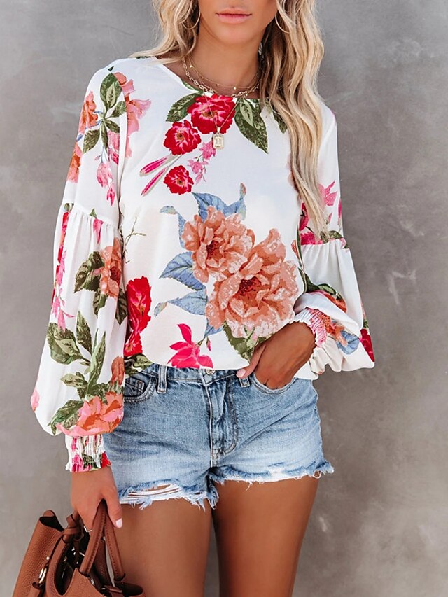  Damen Bluse Hemd Blumen Rundhalsausschnitt Bedruckt Oberteile Weiß / 3D-Druck