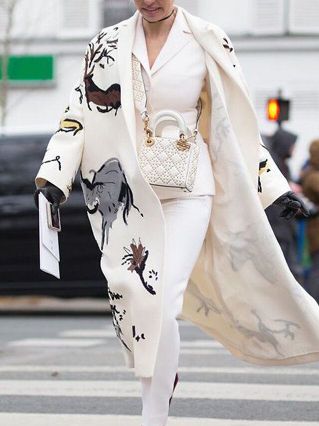  Women's Coat Print Elegant Casual Daily Coat Long Cotton Blend off white Single Breasted Fall Winter Notch lapel collar 2022 S M L XL XXL / Plaid / Check