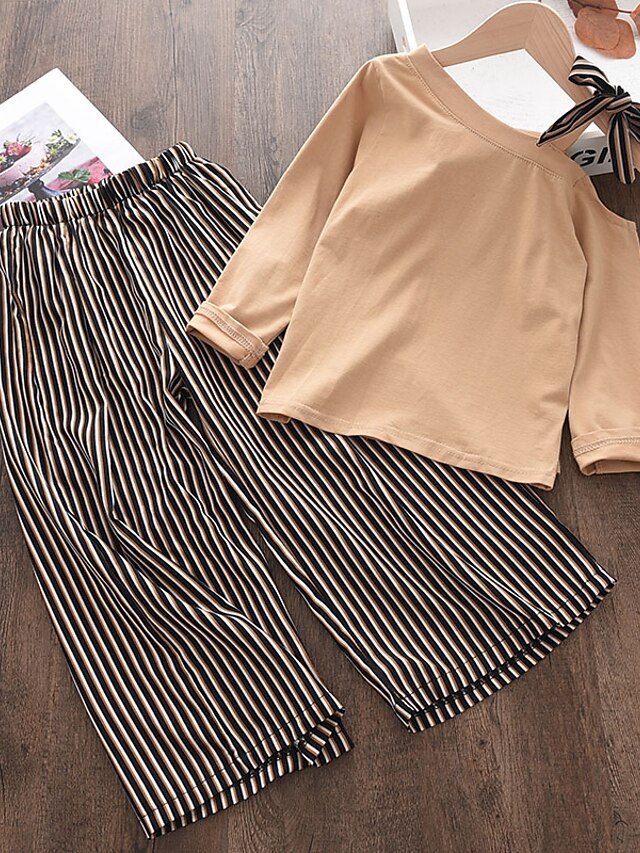  Kids Girls' T-shirt & Pants Clothing Set Long Sleeve 2 Pieces Khaki Stripe Regular Casual Comfort 3-6 Years