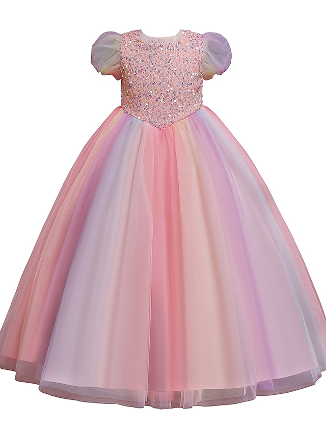  Kids Little Girls' Dress Sequin Party Special Occasion Mesh Purple Blushing Pink Green Maxi Short Sleeve Princess Cute Dresses Fall Winter Children's Day Slim 3-10 Years / Spring / Summer