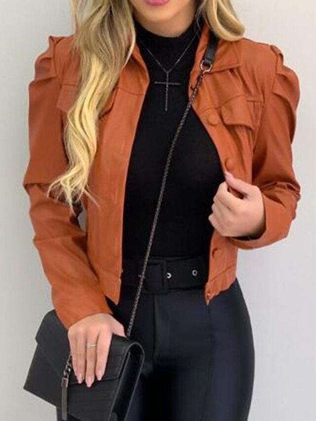  Women's Faux Leather Jacket Going out Spring &  Fall Short Coat Shirt Collar Regular Fit Jacket Long Sleeve Solid Colored Wine Army Green