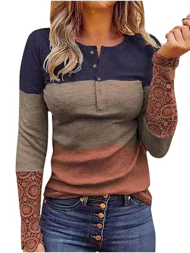  Per donna maglietta Liscio Giornaliero Manica lunga maglietta Rotonda Collage Stampa Sensuale Nero Grigio Marrone chiaro S