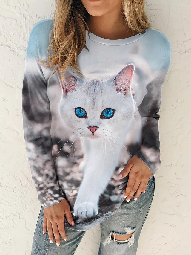  Mujer Gato 3D Animal Diario Fin de semana Gato 3D Pintura Manga Larga Camiseta Escote Redondo Estampado Básico Tops Azul Piscina S / Impresión 3D