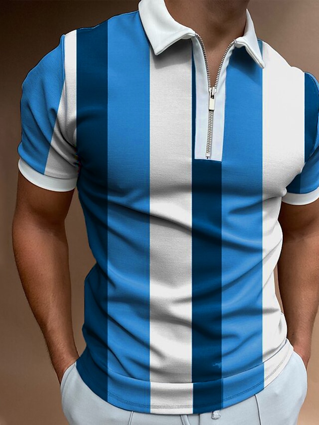  T Shirt golf Homme Col Rayé Manches Courtes Bleu Zippé Extérieur Plein Air du quotidien Coton Standard Mode Vêtement de sport Casual / Eté / Eté