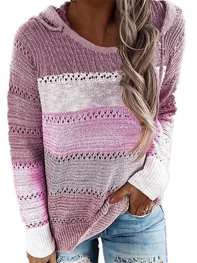  Women's Pullover Sweater Jumper Crochet Knit Hollow Out Knitted Tunic Hooded Color Block Daily Holiday Basic Casual Fall Winter Pink Blue S M L / Long Sleeve / Regular Fit / Going out