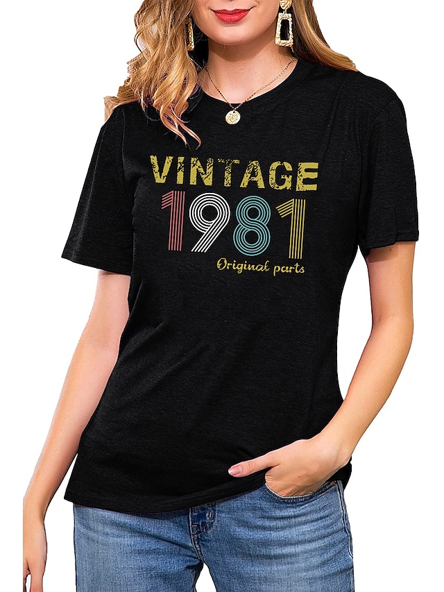  Per donna maglietta Pop art Alfabetico Rotonda Stampa Essenziale Vintage Top Standard Blu Rosa Vino