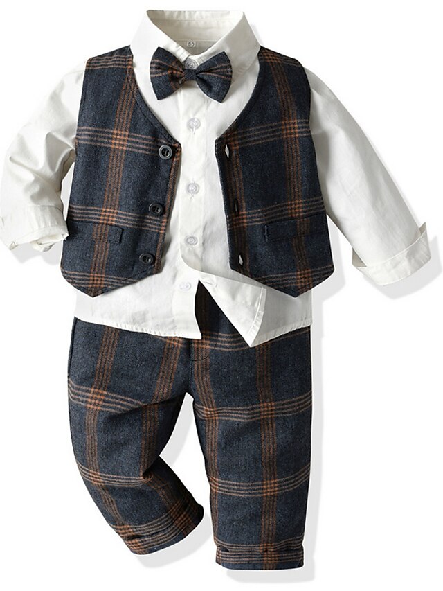  Kids Boys' Suit & Blazer Shirt & Pants Long Sleeve 2 Pieces Gray Navy Blue Print Plaid Casual Daily Cotton Regular Basic Cool 2-8 Years / Fall / Spring