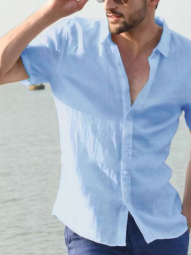  Homens Camisa Social camisa de linho camisa de verão camisa de praia Preto Branco Azul Manga Curta Tecido Colarinho Verão Primavera Rua Casual Roupa