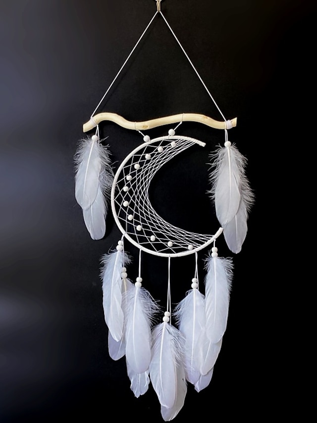  Boho atrapasueños regalo hecho a mano colgante de pared decoración arte ornamento manualidades pluma de luna para niños dormitorio boda festival 24 * 48 cm