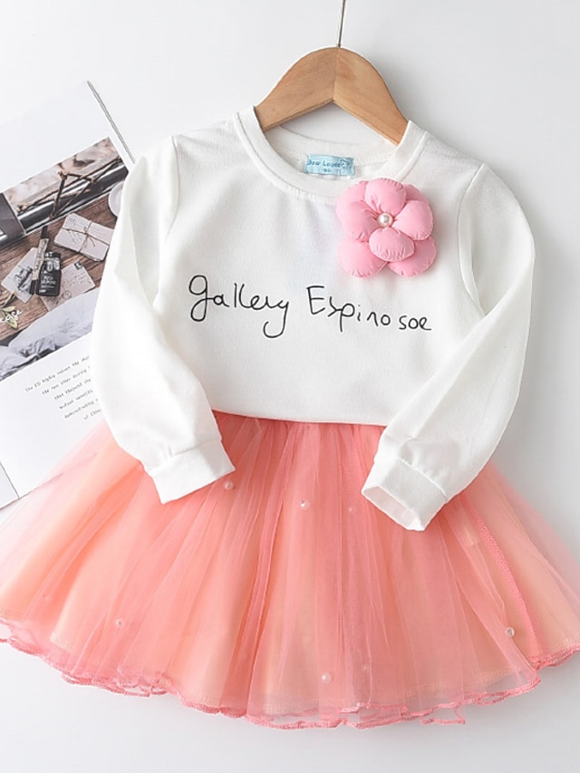  Kids Toddler Girls' T-shirt & Skirt Long Sleeve 2 Pieces Blushing Pink Beaded Mesh Letter Regular Sweet 2-8 Years