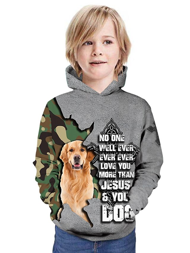  Kids Boys' Hoodie Long Sleeve Black Light Brown Camel 3D Print Pocket Dog Letter Animal Outdoor Active 4-12 Years / Fall