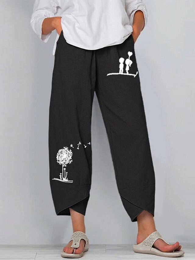  Women's Folk Style Print Capri shorts Ankle-Length Pants Inelastic Daily Graphic Dandelion Mid Waist Loose Black Grey S M L XL XXL
