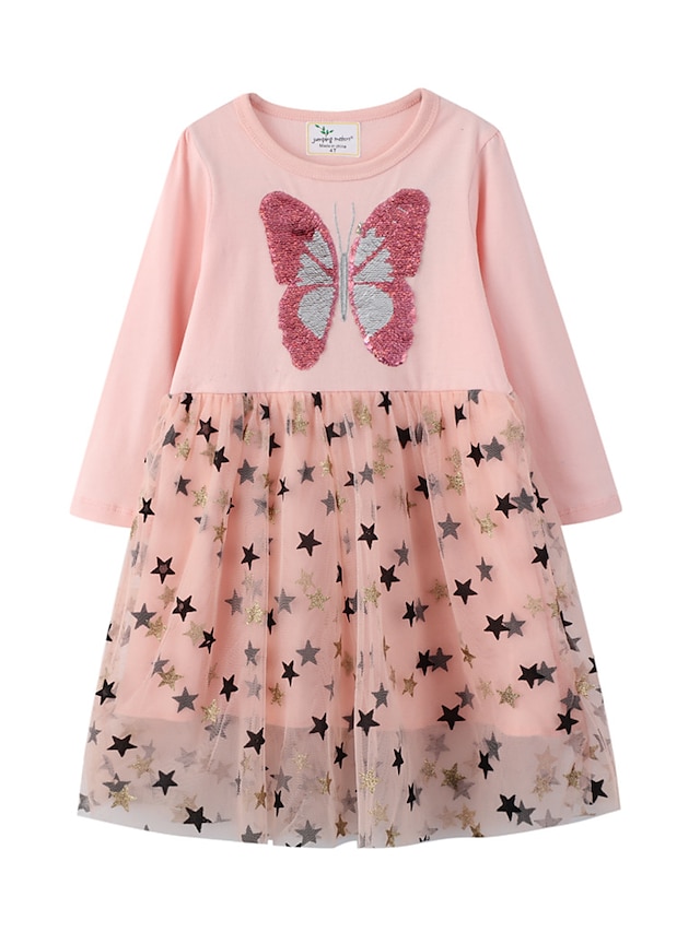  Kids Little Girls' Dress Butterfly Geometric Animal Casual Daily Holiday A Line Dress Sequins Mesh Blushing Pink Midi Cotton Long Sleeve Casual Cute Dresses Fall Winter Regular Fit 2-6 Years