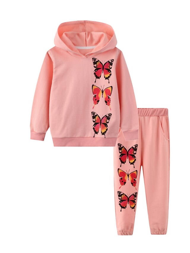  Kids Girls' Hoodie & Pants Long Sleeve 2 Pieces Pink Print Graphic Butterfly Casual Daily Cotton Regular Basic Cool 2-8 Years / Fall / Spring
