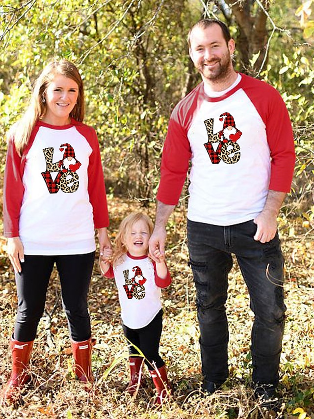  Tops Family Look Christmas Gifts Leopard Santa Claus Letter Patchwork Black Red Long Sleeve Daily Matching Outfits / Fall / Cute / Print