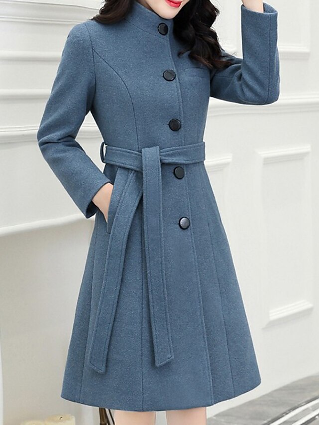  Women's Winter Coat Belted Overcoat Single Breasted Lapel Pea Coat Long Coat Thermal Warm Windproof Trench Coat with Pockets Elegant Slim Fit Lady Jacket Fall Outerwear  Blue