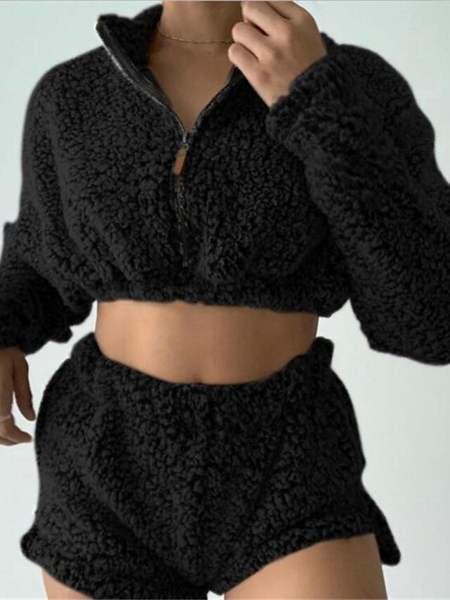  Women's 1 set Loungewear Sets Plush Comfort Pure Color Polyester Home Street Daily Stand Collar Warm Gift # Basic Mismatched Shorts Fall Winter Black