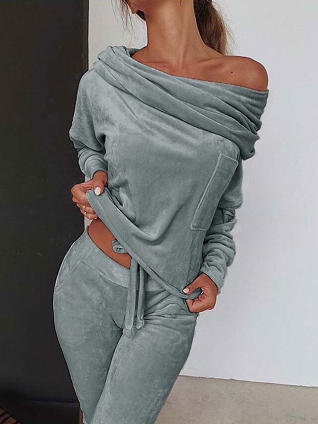  Women's Basic Streetwear Plain Home Activewear Two Piece Set Off Shoulder Pant Loungewear Jogger Pants Hoodie Sweatshirt Pants Sets Drawstring Tops