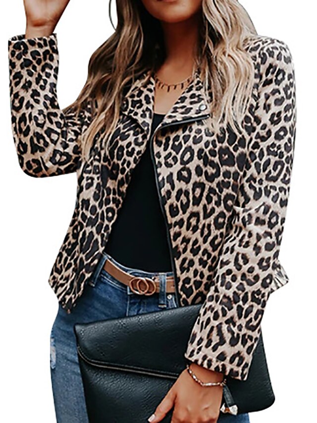  Damen Jacke Freizeitjacke Bedruckt Standard Mantel Khaki Täglich Casual Öffnung vorne Herbst Umlegekragen Regular Fit S M L XL XXL / warm halten / Leopard