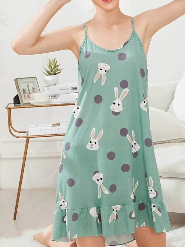  Women's 1 pc Pajamas Nightgown Simple Comfort Cute Rabbit Strawberry Polyester Home Party Daily Straps Gift Sleeveless Print Fall Spring White powder Green / Seamed / Sweet