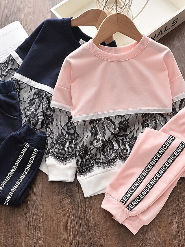  Kids Girls' Hoodie & Pants Long Sleeve 2 Pieces Pink Navy Blue Lace Patchwork Letter Outdoor Regular Comfort Daily 3-6 Years / Fall / Spring