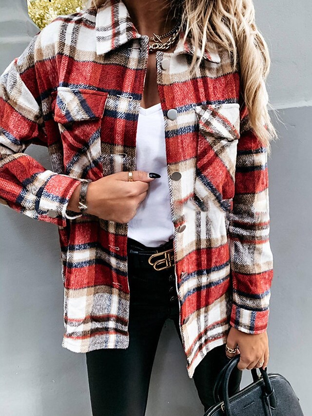  Women's Coat Fall Winter Street Daily Valentine's Day Regular Coat Warm Breathable Regular Fit Casual Jacket Long Sleeve Pocket Print Plaid / Check Pink Orange Red