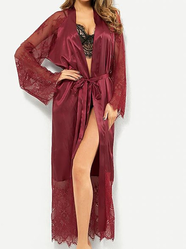  Mujer Albornoces Batas Camisón Kimono de seda 1 pc Color puro Sencillo Casual Confort Fiesta Hogar Fiesta de Boda Satén Regalo Escote en Pico Manga Larga Encaje Cinturón Incluido Verano Primavera