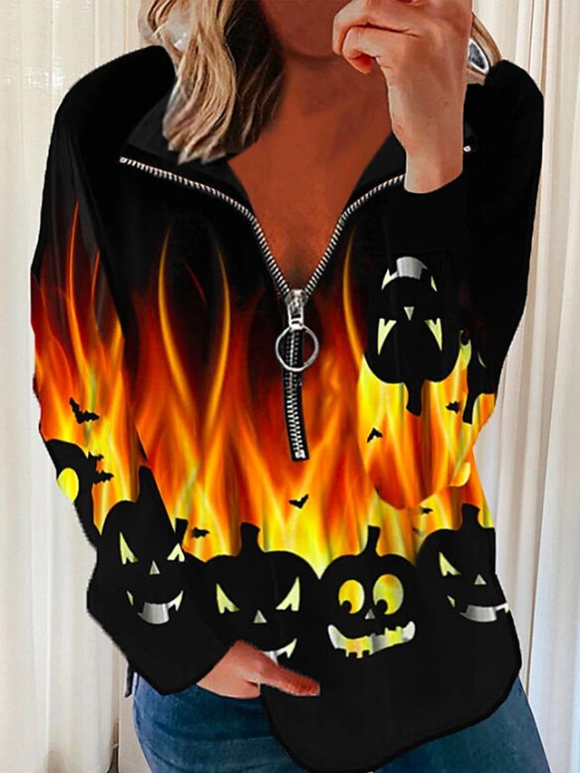  Dame Græskar Flamme Sweatshirt bluse Kvartals lynlås Trykt mønster 3D-udskrivning Halloween Sport Gade Halloween Hættetrøjer Sweatshirts Sort
