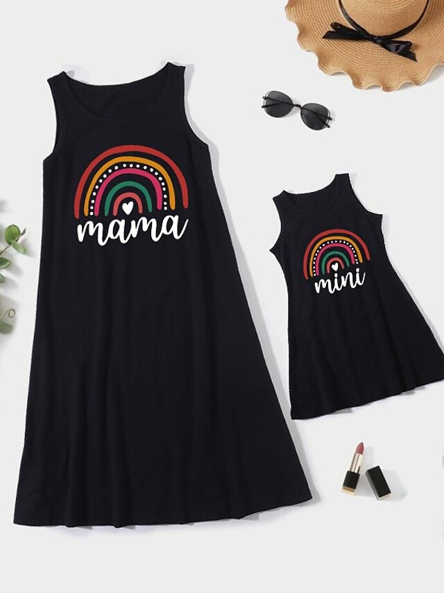  Mommy and Me Cotton Dresses Daily Rainbow Letter Print Black Knee-length Sleeveless Tank Dress Cute Matching Outfits / Summer / Long