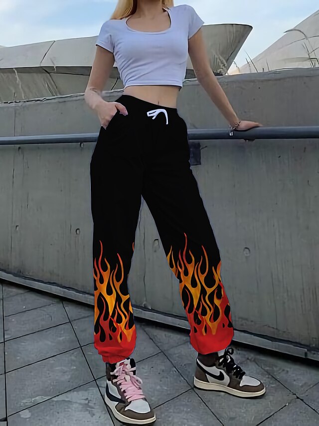  Mujer Pantalones de Deporte Normal Poliéster Fuego Negro Moda Media cintura Longitud total Casual Diario Primavera & Otoño