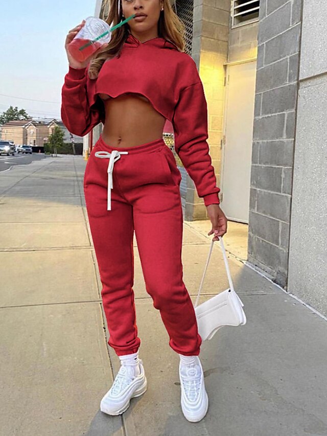  Women's Women Active Basic Plain Sports Outdoor Causal Two Piece Set Hooded Pant Jogger Pants Crop Top Hoodie Tracksuit Drawstring Tops