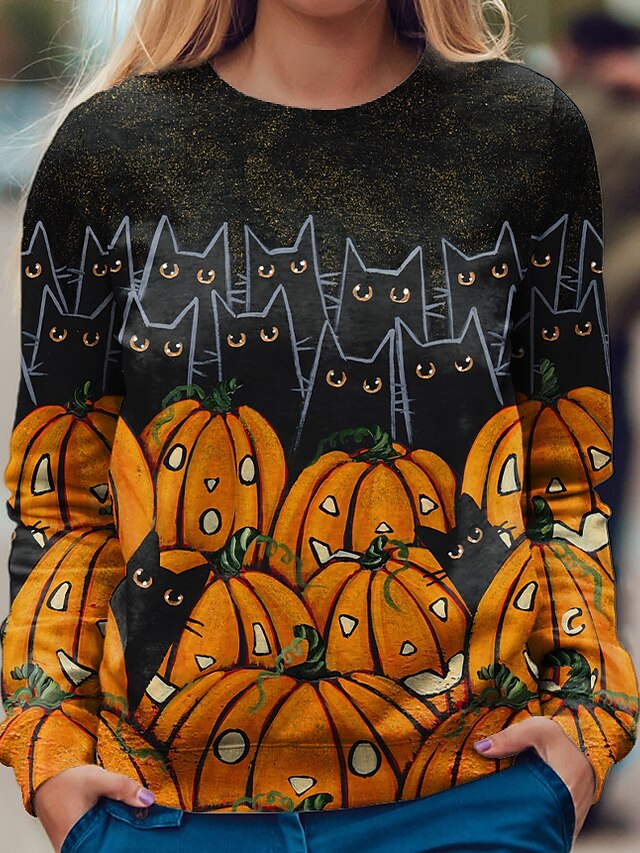  Damen Katze Kürbis Pullover Zur Seite fahren Bedruckt 3D-Druck Halloween Sport Strassenmode Halloween Kapuzenpullover Sweatshirts Schwarz