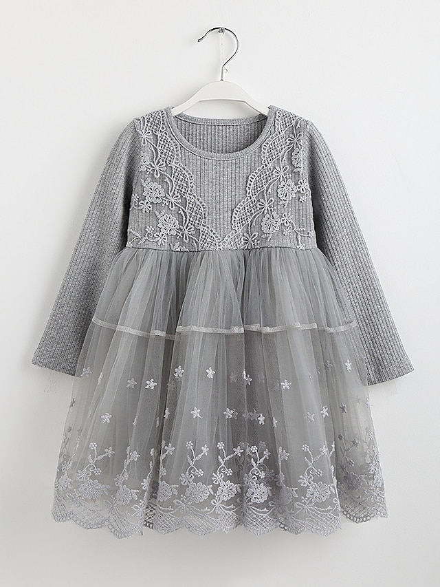  Kids Toddler Little Girls' Dress Solid Colored Flower Daily Tulle Dress Mesh Lace Trims Gray Knee-length Organza Long Sleeve Elegant Cute Dresses Fall Winter Loose 2-8 Years / Spring