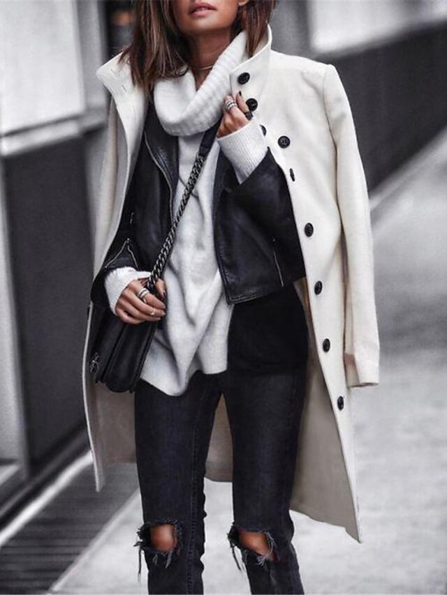  Damen Wintermantel Winter Herbst Täglich Ausgehen Lang Mantel warm halten Regular Fit Casual Jacken Langarm Kariert Feste Farbe Schwarz Weiß