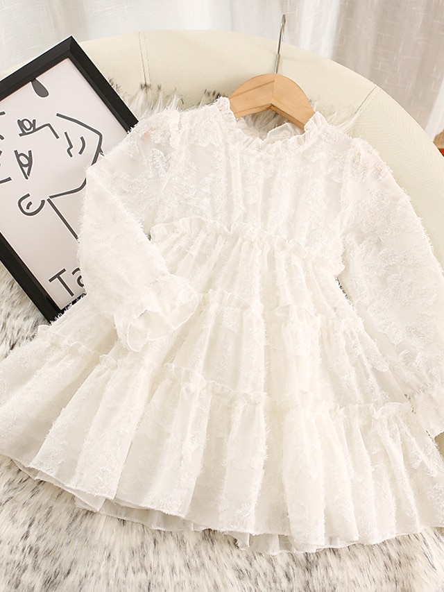  Kids Toddler Little Girls' Dress Jacquard Solid Colored Wedding Mesh White Knee-length Long Sleeve Cute Dresses Fall 2-8 Years