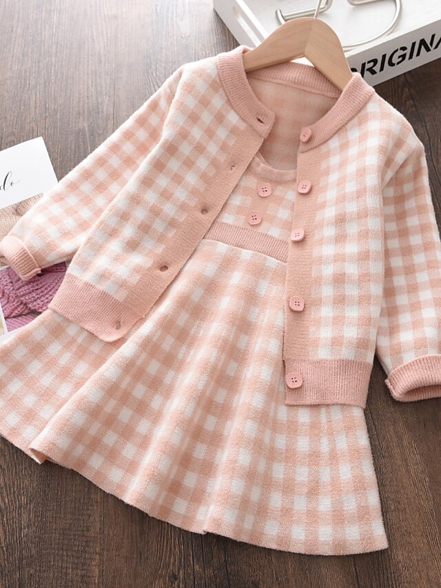  Kids Toddler Girls' Clothing Set Long Sleeve Sleeveless 2 Pieces Pink Yellow Plaid Regular Cute Sweet 2-8 Years / Fall / Winter / Spring