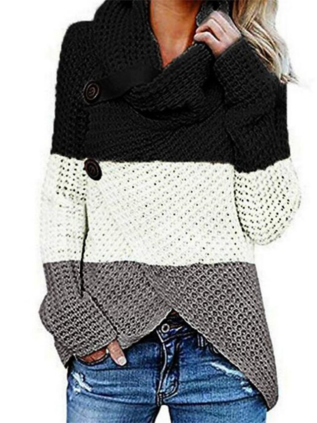  Women's Pullover Sweater Jumper Chunky Crochet Knit Knitted Asymmetric Hem Tunic Turtleneck Color Block Home Daily Vintage Style Basic Essential Fall Winter Black Blue S M L / Long Sleeve / Casual