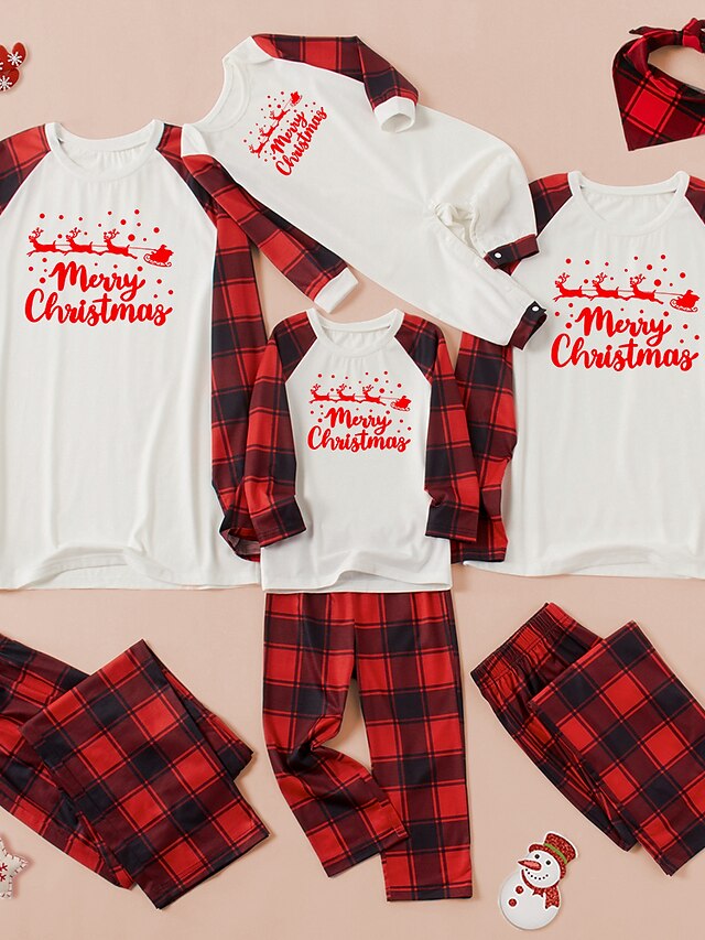  Christmas Pajamas Family Look Christmas Gifts Plaid Deer Letter Patchwork Black White Long Sleeve Daily Matching Outfits / Fall / Winter / Cute / Print