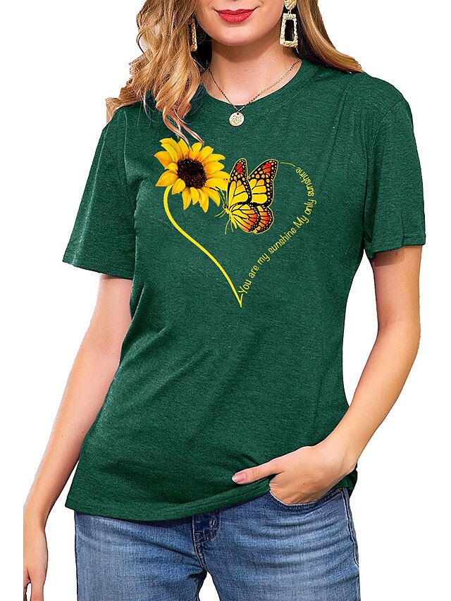  Women's T shirt Graphic Heart Sunflower Round Neck Print Basic Vintage Tops Regular Fit Blue Blushing Pink Wine