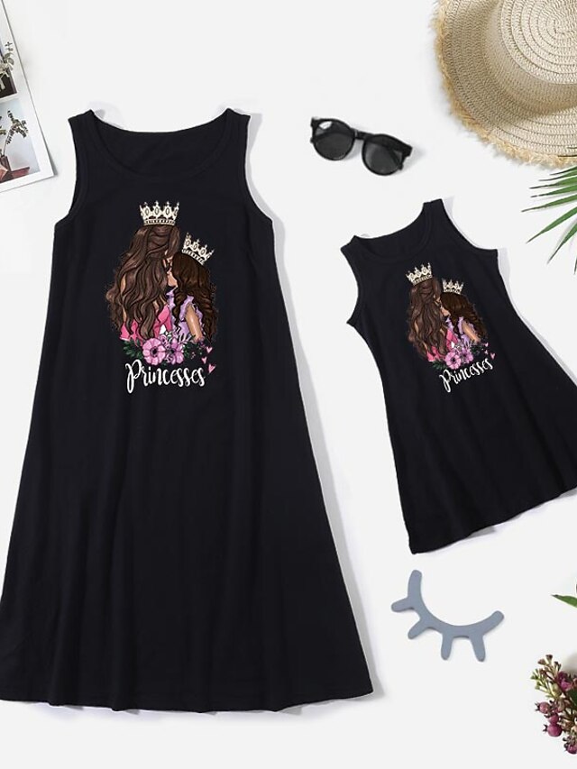  Dresses Cotton Mommy and Me Daily Cartoon Letter Print Black Knee-length Sleeveless Tank Dress Cute Matching Outfits / Summer / Long