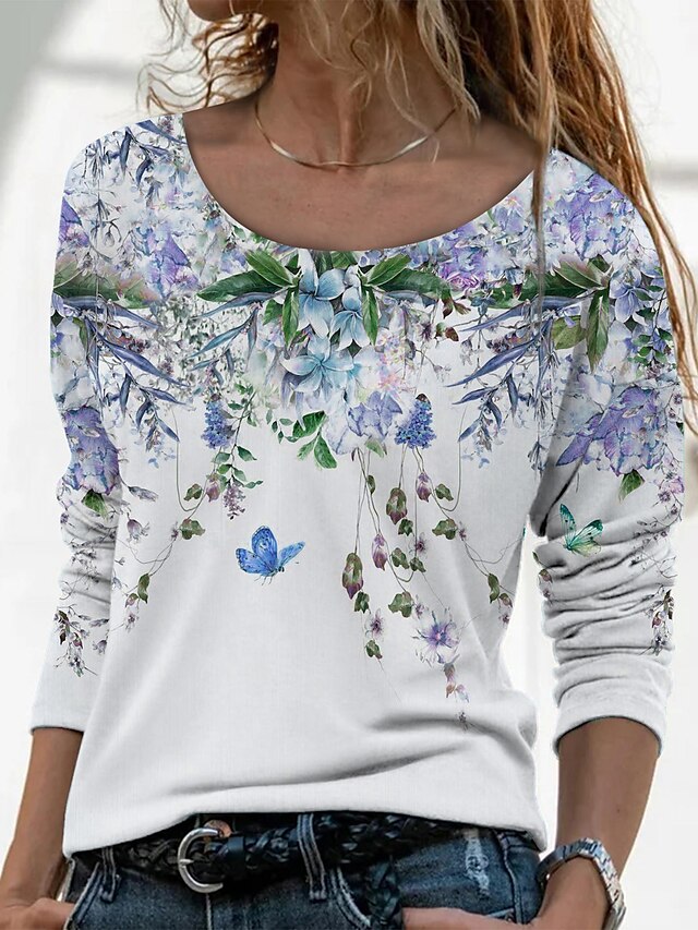  Women's Floral Butterfly Holiday Weekend Floral Butterfly Painting Long Sleeve T shirt Tee Round Neck Print Basic Essential Tops Blue Purple Yellow S / 3D Print