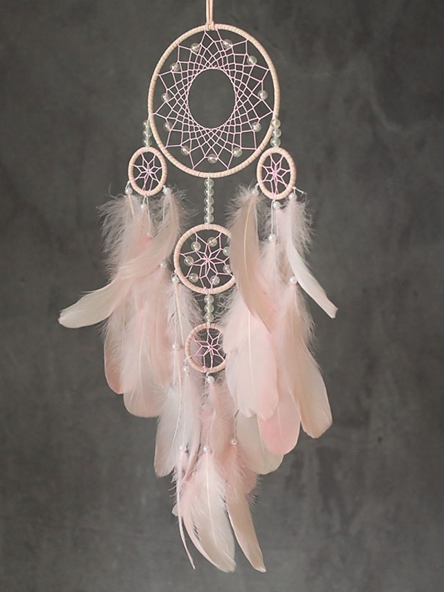  Atrapasueños regalo hecho a mano con 5 círculos cuentas de plumas flor colgante de pared decoración arte estilo boho 16 * 70 cm