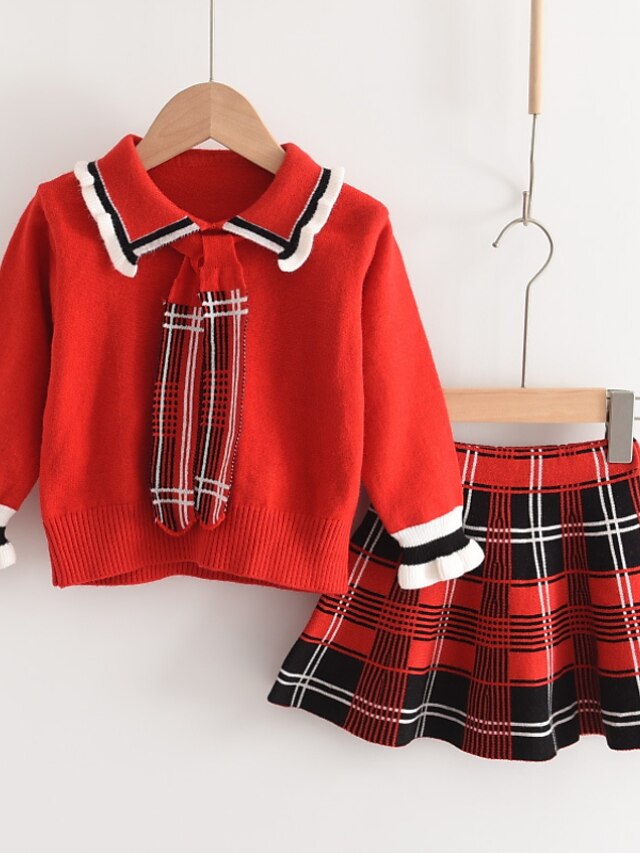  Kids Girls' Clothing Set Christmas Long Sleeve 2 Pieces Dusty Blue Red Ruffle Print Plaid Graphic Christmas pattern Christmas Gifts Indoor Outdoor Cotton Regular Basic Sweet 2-8 Years Above Knee