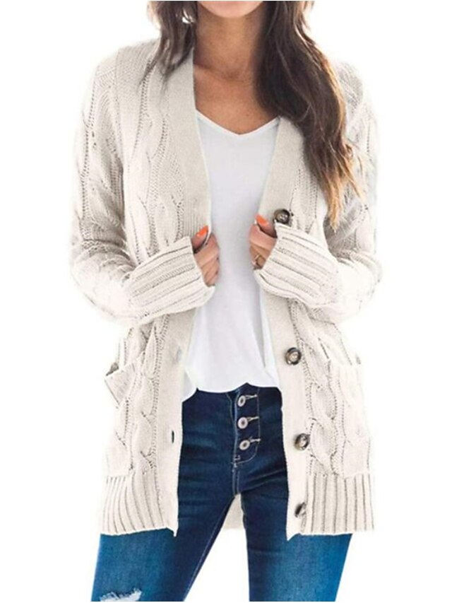  Per donna Cardigan Maglione Cavi Grosso Apertura anteriore Maglia Pulsante Tasche Autunno Inverno Giornaliero Tunica Manica lunga Informale Morbido Tinta unica Polvere scura Nero Bianco S M L