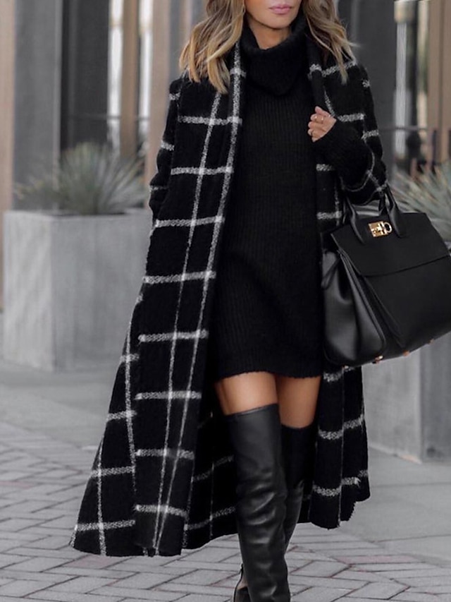  Women's Pea Coat Fall Winter Daily Going out Long Coat Windproof Warm Loose Elegant Streetwear Jacket Long Sleeve Print Striped Plaid / Check Black