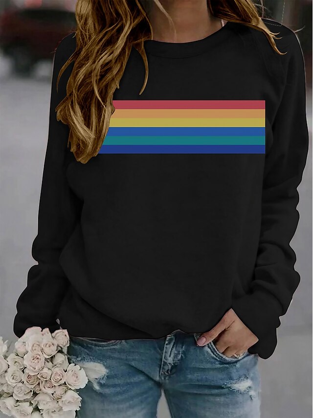 Women's Sweatshirt Pullover Basic Casual Green Yellow Red Graphic Rainbow Casual Long Sleeve Round Neck S M L XL XXL
