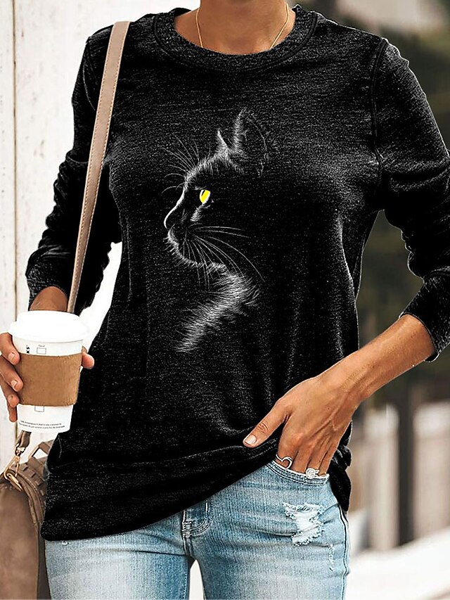  Women's Cat Graphic Patterned Daily Long Sleeve T shirt Tee Round Neck Print Basic Essential Tops Green Black Blue S