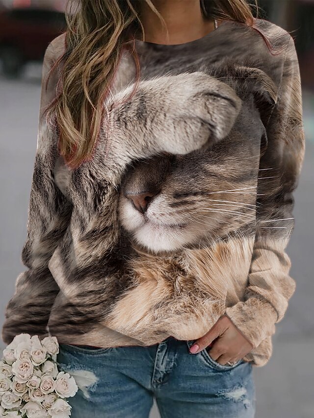  Damen Sweatshirt Pullover Zur Seite fahren Bedruckt Aktiv Strassenmode Königsblau Braun Kaffee Tier Katze 3D Casual Rundhalsausschnitt Langarm Mikro-elastisch Ohne Futter