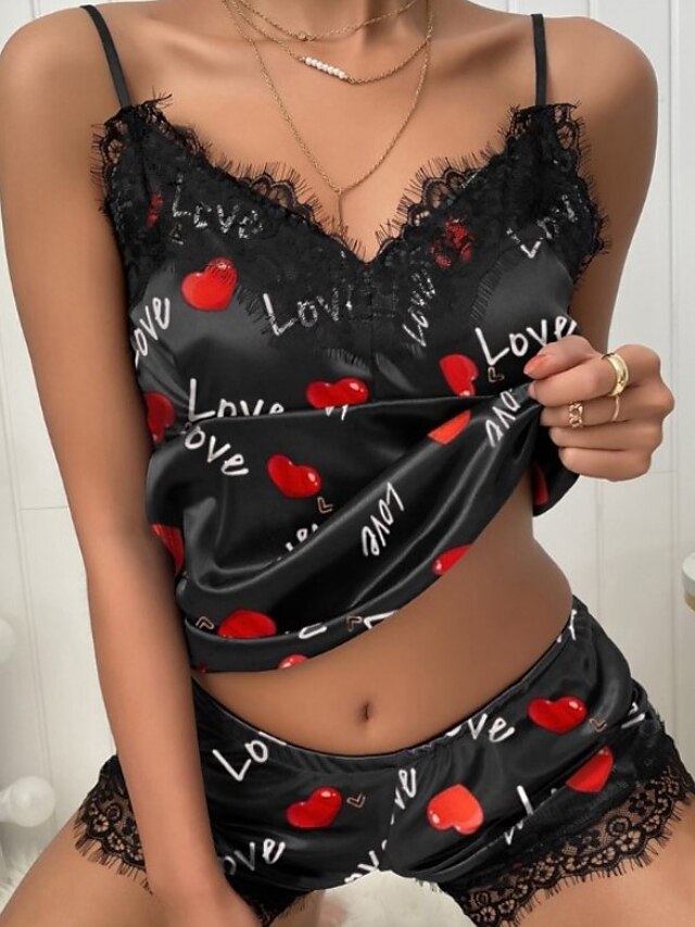  Women's Pajamas Nighty Pjs Sets 2 Pieces Heart Letter Fashion Hot Gothic Home Bed Satin Breathable Gift V Wire Sleeveless Strap Top Shorts Elastic Waist Print Summer Spring Pink Red